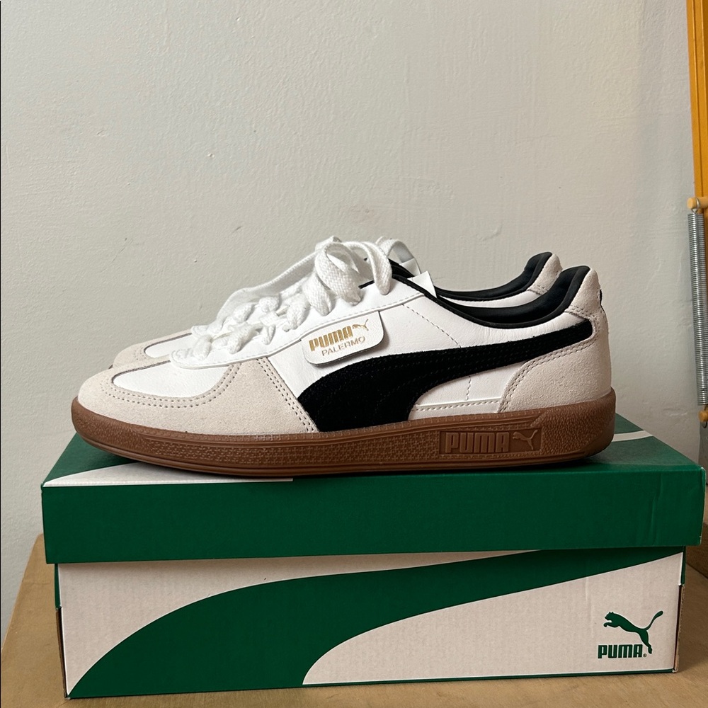 PUMA Men's White and Black Sneakers with Brown Sole